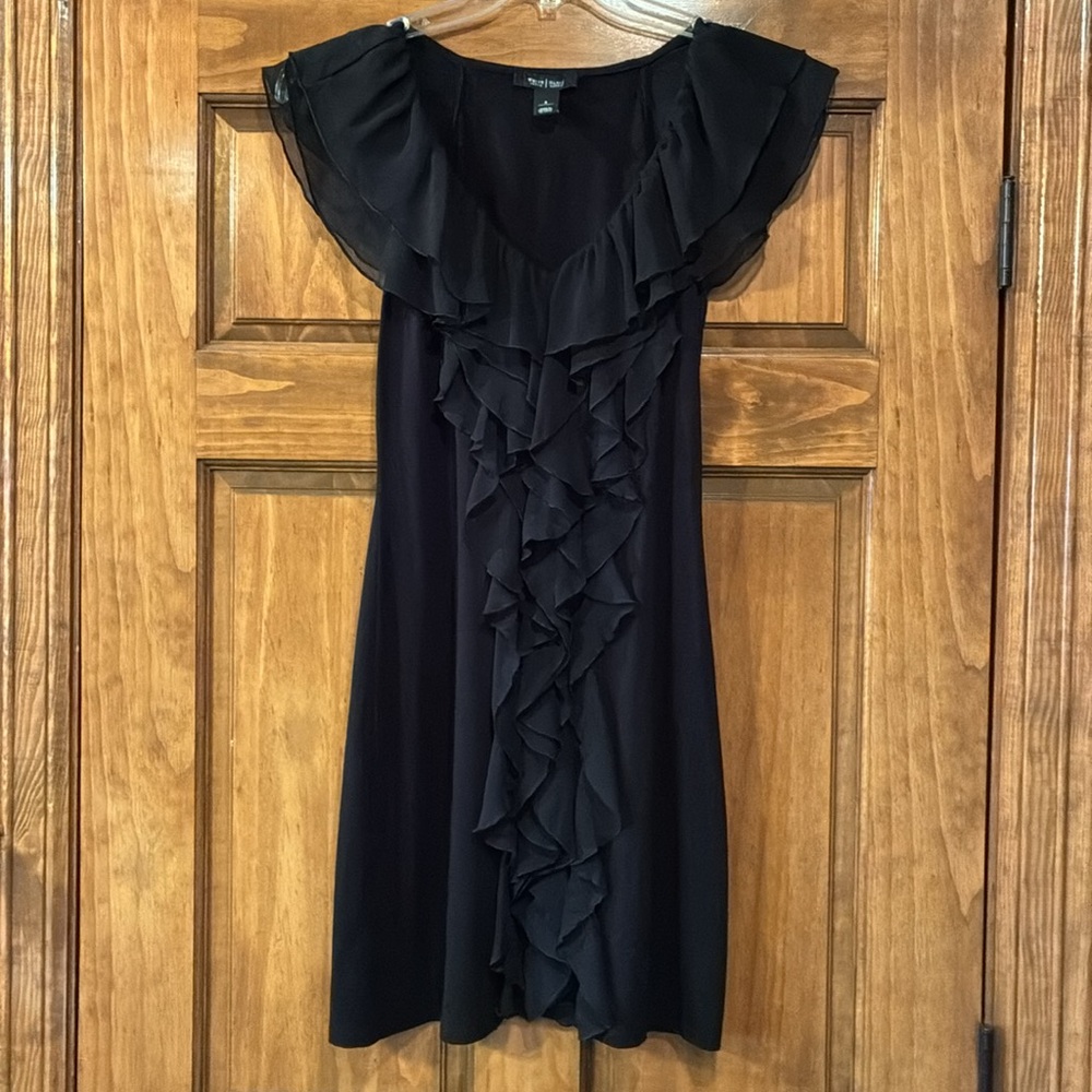 Small White House Black Market Cascading Ruffle Front Dress in Black (ABBA)